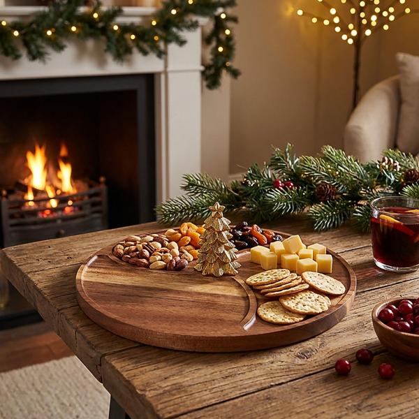 Elegante vassoio da portata in legno di acacia, con albero di Natale dorato e 3 scomparti - piatto snack decorativo, ciotola per la frutta, ideale come regalo
