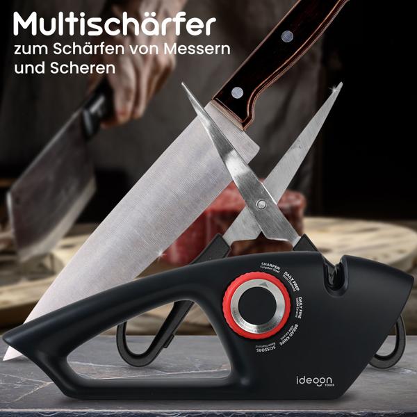 Messerschärfer 5-in-1 für glatte & gezahnte Klingen - Scherenschärfer mit Einstellrad, Multischärfer zum schleifen von Messern und Scheren