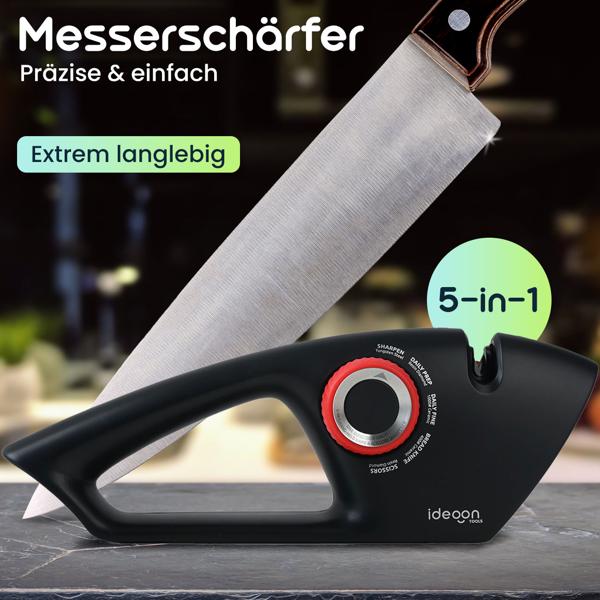 Messerschärfer 5-in-1 für glatte & gezahnte Klingen - Scherenschärfer mit Einstellrad, Multischärfer zum schleifen von Messern und Scheren