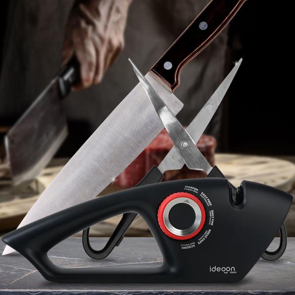 5-in-1 knife sharpener for straight and serrated blades - scissor sharpener with selector dial, multi-sharpener for sharpening knives and scissors