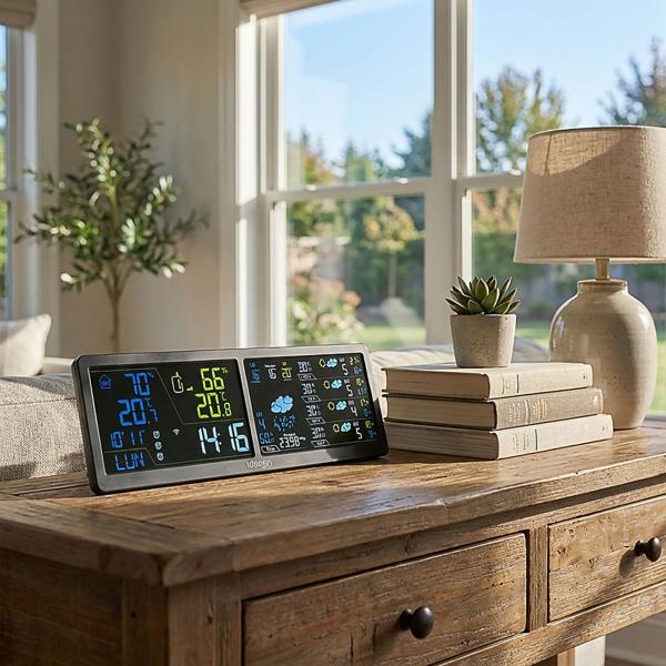 WLAN Wetterstation mit App & XXL Display: Tuya Smart Home, Aussen-Sensor, Weck-Alarm - Temperatur, Feuchtigkeit, UV Index, Wettervorhersage & mehr