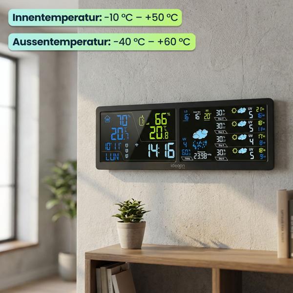 WLAN Wetterstation mit App & XXL Display: Tuya Smart Home, Aussen-Sensor, Weck-Alarm - Temperatur, Feuchtigkeit, UV Index, Wettervorhersage & mehr