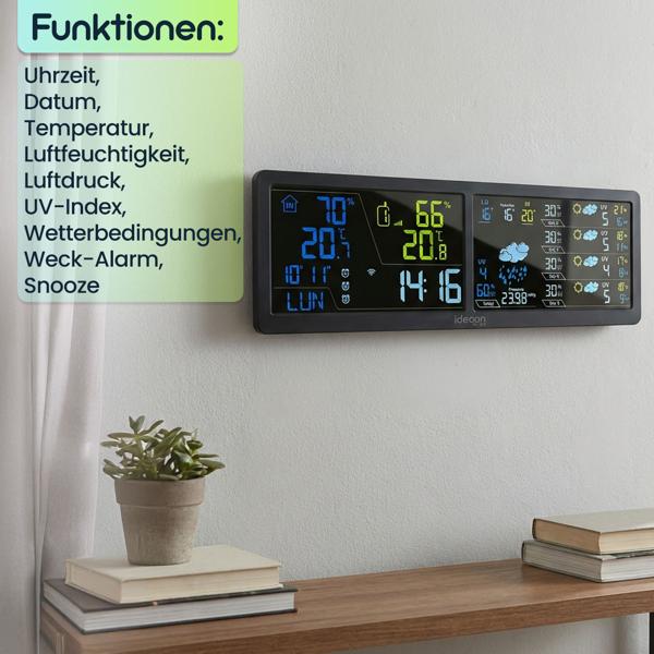 WLAN Wetterstation mit App & XXL Display: Tuya Smart Home, Aussen-Sensor, Weck-Alarm - Temperatur, Feuchtigkeit, UV Index, Wettervorhersage & mehr