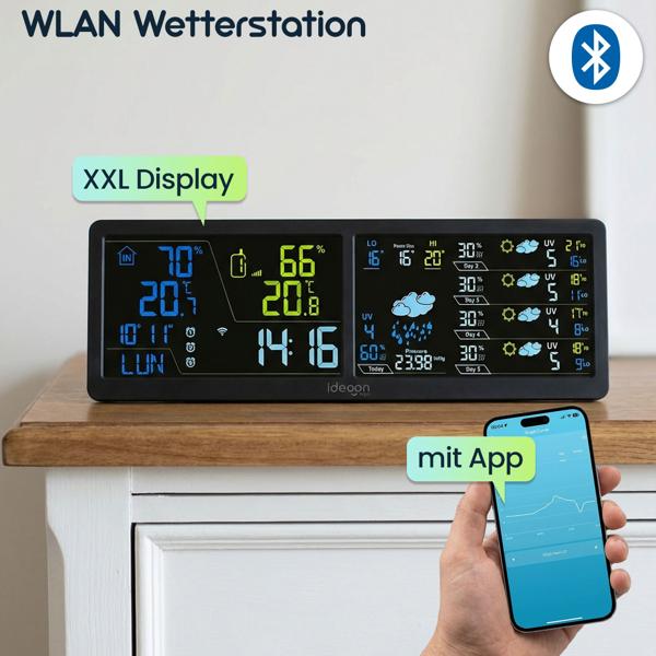 WLAN Wetterstation mit App & XXL Display: Tuya Smart Home, Aussen-Sensor, Weck-Alarm - Temperatur, Feuchtigkeit, UV Index, Wettervorhersage & mehr