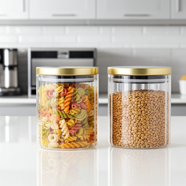 Set of 2 storage containers made of sturdy borosilicate glass with a striped effect and a stylish lid. Perfect for coffee, muesli & spices - 750ml