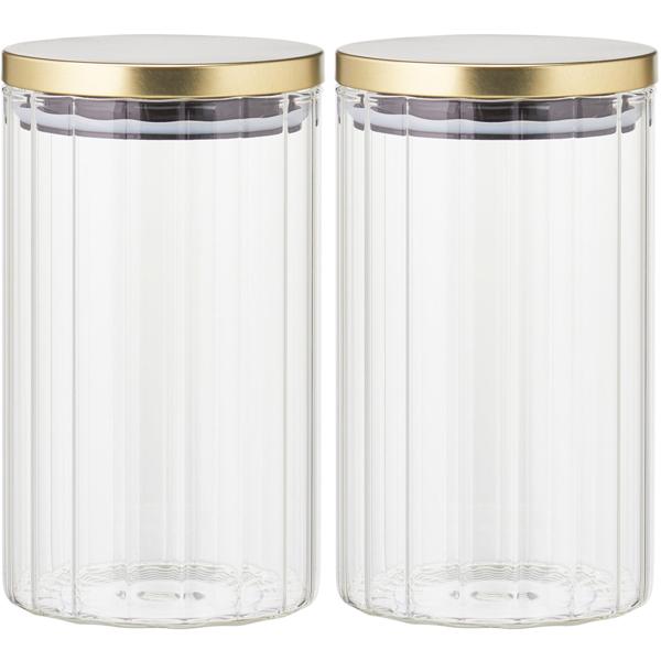 2er-Set Vorratsbehälter aus robustem Borosilikatglas mit Streifen-Effekt und stilvollem Deckel. Perfekt für Kaffee, Müsli & Gewürze - 1 Liter