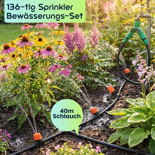 2er-Set 136-tlg Sprinkler Bewässerungs-Set 2x 40m: Zuschneidbar, effizient & wassersparend – Automatische Pflanzenbewasserung fur Garten & Beet
