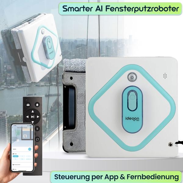 Smarter AI Fensterputzroboter: 3000Pa Glasreinigungsroboter mit App-Steuerung, Fernbedienung, Sicherungsseil für streifenfreie saubere Fenster