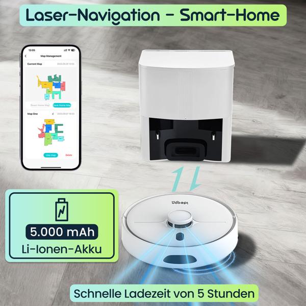 Ultimativer Saug-Wisch-Roboter 6000 Pa mit 2-in-1 Wischfunktion, Li-Ionen-Akku, Laser-Navigation - Smart-Home WLAN Saugwischer 