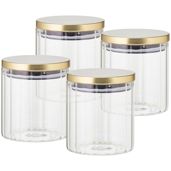 4er-Set Vorratsbehälter aus robustem Borosilikatglas mit Streifen-Effekt und stilvollem Deckel. Perfekt für Kaffee, Müsli & Gewürze - 750ml