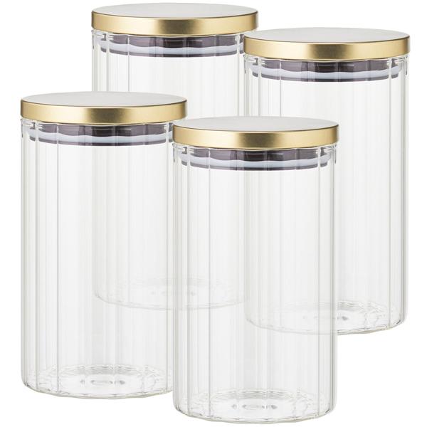 4er-Set Vorratsbehälter aus robustem Borosilikatglas mit Streifen-Effekt und stilvollem Deckel. Perfekt für Kaffee, Müsli & Gewürze - 1 Liter