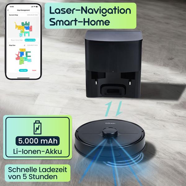 Ultimativer Saug-Wisch-Roboter 6000 Pa mit 2-in-1 Wischfunktion, schwarz - Li-Ionen-Akku, Laser-Navigation - Smart-Home WLAN Saugwischer 