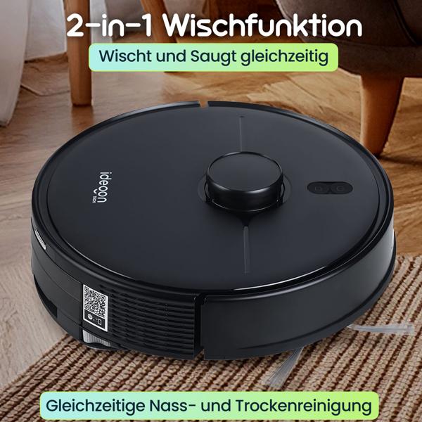 Ultimativer Saug-Wisch-Roboter 6000 Pa mit 2-in-1 Wischfunktion, schwarz - Li-Ionen-Akku, Laser-Navigation - Smart-Home WLAN Saugwischer 