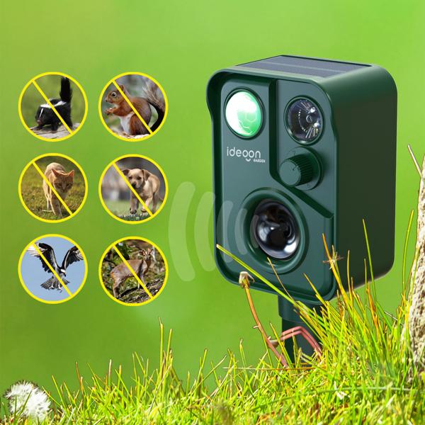 Ultrasonic animal deterrent with PIR sensor & LED flash light - 13.5–45.5 Hz, reliable solar animal scarer against martens, dogs and cats, birds