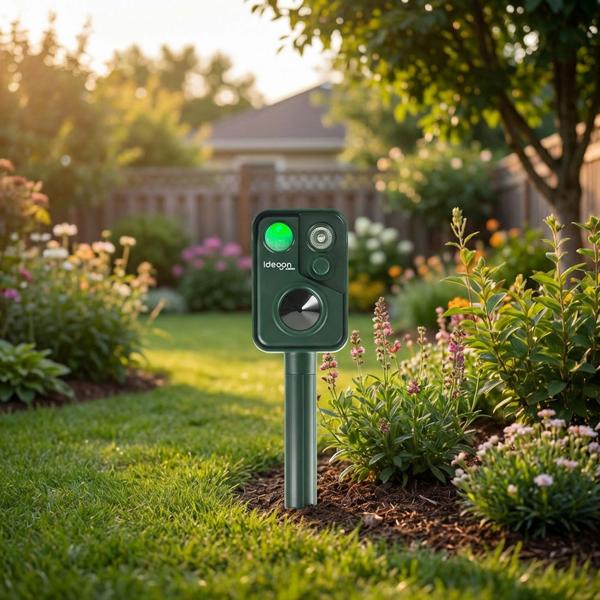 Ultrasonic animal deterrent with PIR sensor & LED flash light - 13.5–45.5 Hz, reliable solar animal scarer against martens, dogs and cats, birds