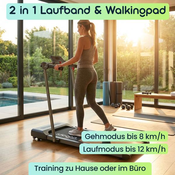 2 in 1 Laufband & Walkingpad bis 12km/h, faltbar, App-Steuerung, Touchscreen, Fernbedienung & Tablet-Halterung, Belastbarkeit 110kg, Profi-Heimsport