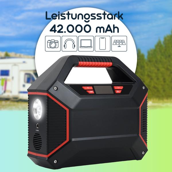 Tragbare Powerstation 155Wh 42000mAh Solar-Generator mit 230V AC Steckdose, USB-C QC 3.0, DC Output, LED-Screen & Licht für Camping Notstrom
