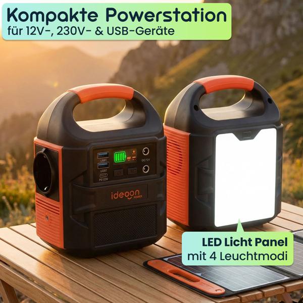 Kompakte Powerstation 88,8Wh Solargenerator mit 230V Steckdose, 100W, USB-C PD65W, 12V DC, LED-Display & 500lm Leuchte für Camping & Notstrom