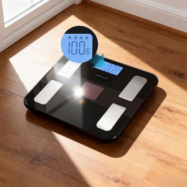 Solar-Akku Körperfettwaage aus Glas, präzise Körperanalyse, 180 kg, App & Bluetooth für Fitness-Erfolge, Kompatibel zu Google Fit & Apple Health