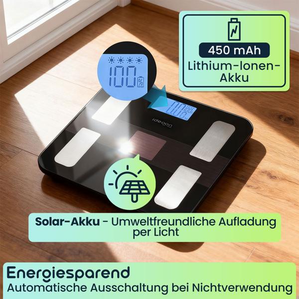 Solar-Akku Körperfettwaage aus Glas, präzise Körperanalyse, 180 kg, App & Bluetooth für Fitness-Erfolge, Kompatibel zu Google Fit & Apple Health