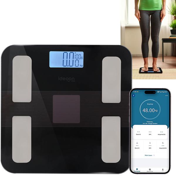 Solar-Akku Körperfettwaage aus Glas, präzise Körperanalyse, 180 kg, App & Bluetooth für Fitness-Erfolge, Kompatibel zu Google Fit & Apple Health