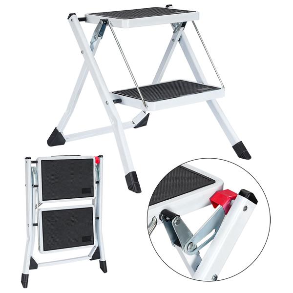 Sturdy folding step stool with 2 steps, 150 kg – non-slip steel step stool with safety lock, space-saving for safe working