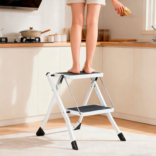 Sturdy folding step stool with 2 steps, 150 kg – non-slip steel step stool with safety lock, space-saving for safe working