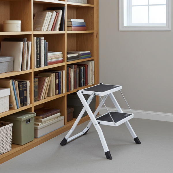 Sturdy folding step stool with 2 steps, 150 kg – non-slip steel step stool with safety lock, space-saving for safe working