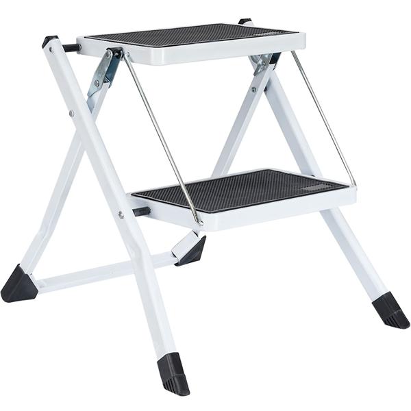 Sturdy folding step stool with 2 steps, 150 kg – non-slip steel step stool with safety lock, space-saving for safe working