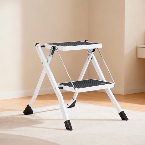 Sturdy folding step stool with 2 steps, 150 kg – non-slip steel step stool with safety lock, space-saving for safe working