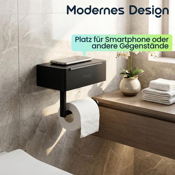 Toilettenpapierhalter mit Feuchttücherbox und Handyablage aus Edelstahl – Klopapierhalterung mit Fach für Feuchttücher, ohne Bohren