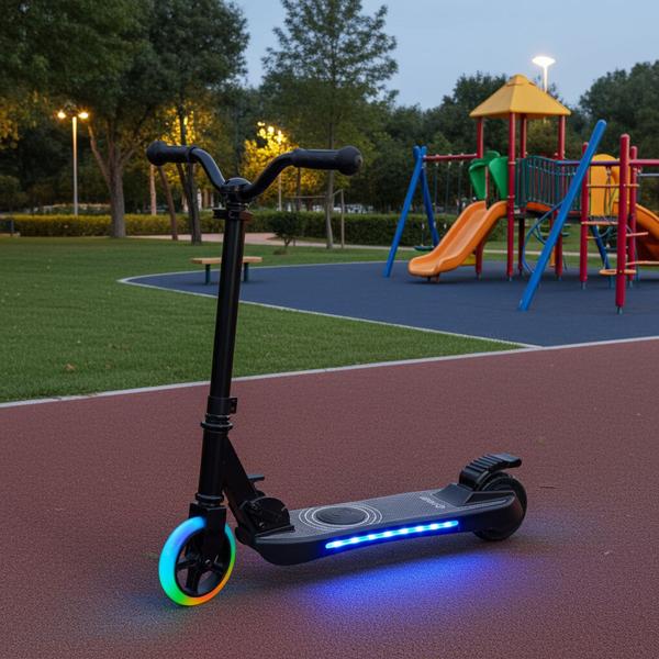 Children‘s e-scooter with 120 W motor – electric kick scooter with LED lighting, 10 km/h top speed – safe fun scooter