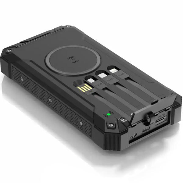 20.000 mAh solar power bank, wireless charging & 4 integrated charging cables: Mobile power station for cell phone & USB devices