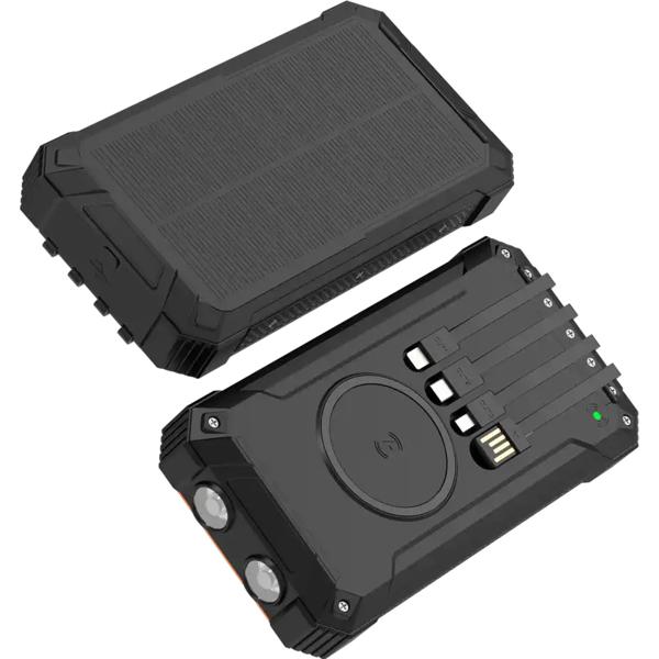 20.000 mAh solar power bank, wireless charging & 4 integrated charging cables: Mobile power station for cell phone & USB devices