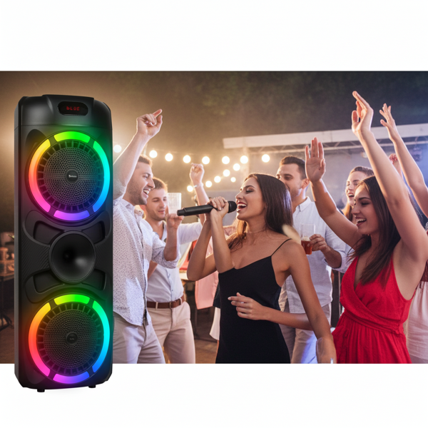 Party speaker incl. microphone, with Bluetooth & TWS, LED light effects and 2x 8-inch woofers for the ultimate party mood