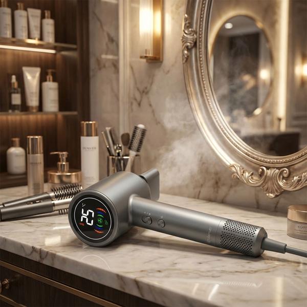 High-performance hairdryer 1400W, dark gray, LED display, for fast drying and shiny results - Perfect for professional use