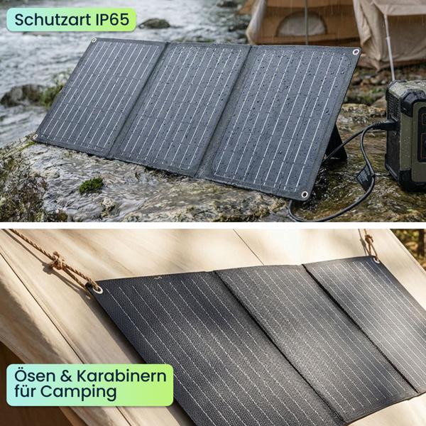 Faltbares Solarpanel 21W Monokristallin - Tragbares Solarladegerät IP65 mit MC4-komp. Stecker, DC Adapter, Ösen & Karabinern für Camping
