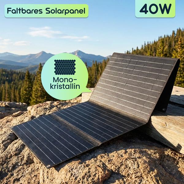 Faltbares Solarpanel 40W Monokristallin - Tragbares Solarladegerät IP65 mit MC4-komp. Stecker, DC Adapter, Ösen & Karabinern für Camping