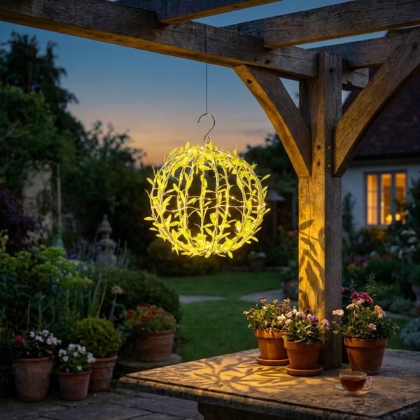 Solar Leuchtkugel im Blätterdesign - Ø20cm Gartenkugel mit 72 warmweissen LEDs - IP44 Aussenleuchte inkl. Erdspiess, S-Haken und Solarpanel