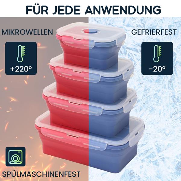 8er-Set Silikon-Frischhaltedosen - Zusammenklappbare & faltbare Lunchbox, Bento Box, BPA-frei, mikrowellengeeignet, mit Clip-Verschluss Deckeln