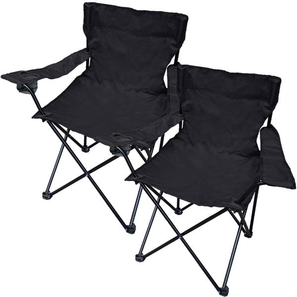 Lot de 2 chaises pliantes de camping noires - Accoudoirs avec porte-gobelet - Pliable, robuste, confortable - Polyester facile à nettoyer