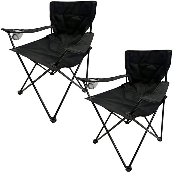 2 chaises pliantes de camping noires – accoudoirs et porte-boisson – compactes, robustes, confortables – idéales pour le plein air