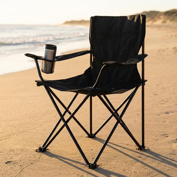 2 chaises pliantes de camping noires – accoudoirs et porte-boisson – compactes, robustes, confortables – idéales pour le plein air