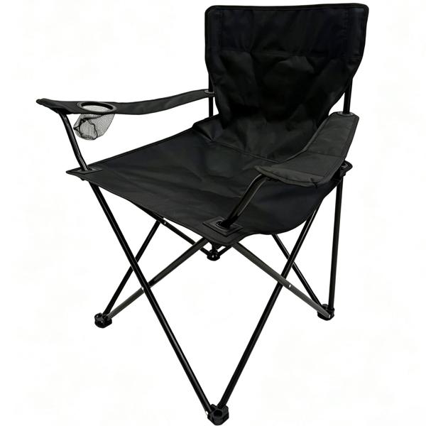 2 chaises pliantes de camping noires – accoudoirs et porte-boisson – compactes, robustes, confortables – idéales pour le plein air