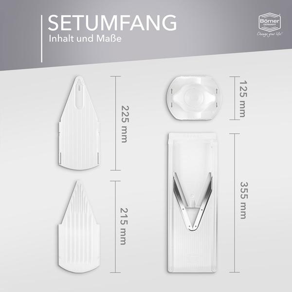 Multifunktionale Gemüsereibe V3 Basis Set - Ultrascharfe Edelstahl V-Klinge, 3 Schnittstärken - Küchenhobel für Gemüse & Obst - Made in Germany - BPA-frei