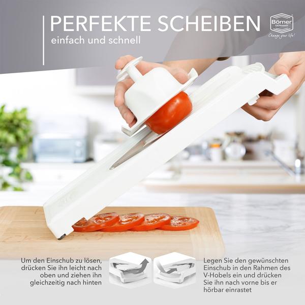 Multifunktionale Gemüsereibe V3 Basis Set - Ultrascharfe Edelstahl V-Klinge, 3 Schnittstärken - Küchenhobel für Gemüse & Obst - Made in Germany - BPA-frei