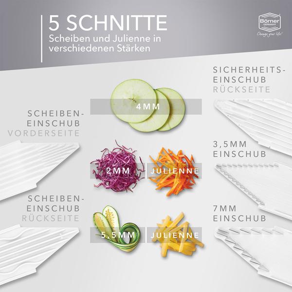 Multifunktionale Gemüsereibe V3 Profi Set - 5 Schnittarten für Gemüse & Obst - Weiss, Made in Germany - Küchenhobel für Salate, Rohkost & Gratins