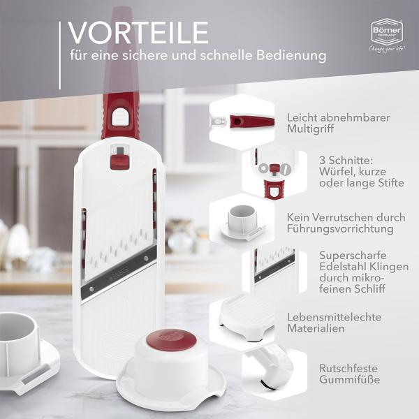 Profi Gemüse-Hobel, weiss-rot: Julienne Gemüseschneider für perfekte Gemüsestreifen & Rohkost-Rezepte