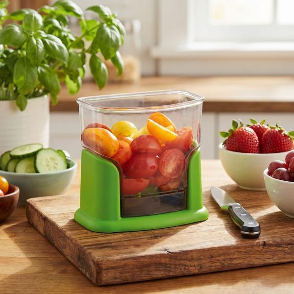 Multi-hachoir - Coupe-légumes efficace pour tomates cocktail, fraises, raisins - Lame acier inoxydable - Couleur verte - Salades & snacks vite préparés