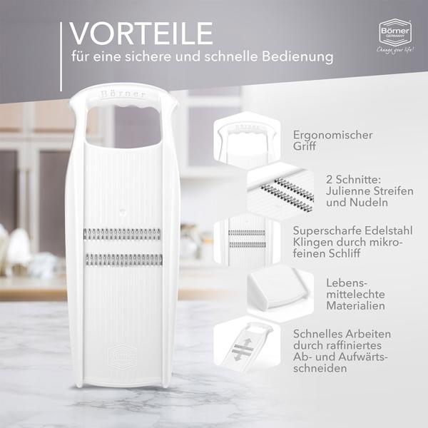 Julienne-Hobel mit Sicherheitsfruchthalter, weiss: Vielseitiger Gemüseschneider für gesunde & kreative Gerichte – Präzise & schnell zu feinen Gemüsestreifen